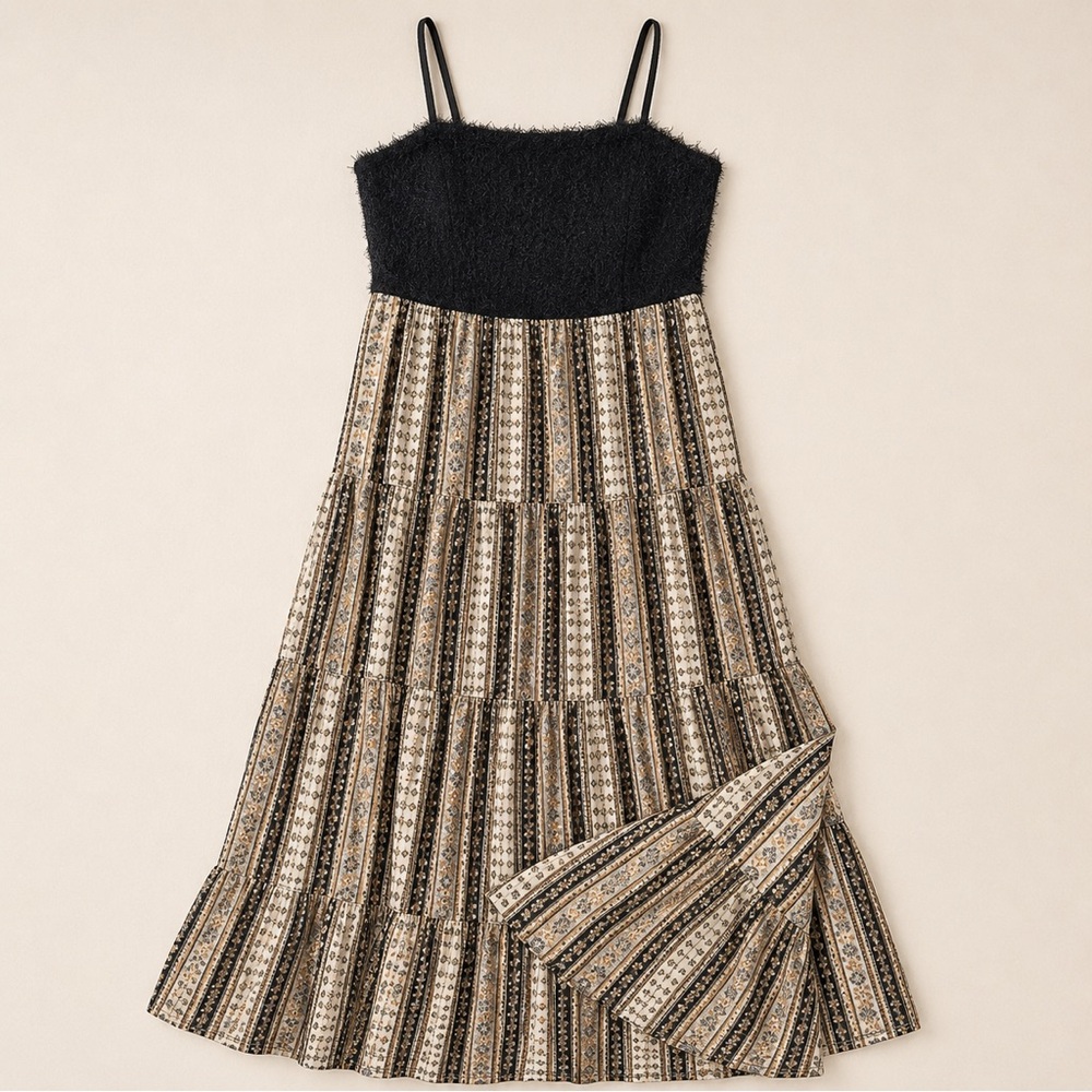 No Boundaries Black Lace Bodice Striped Maxi Dress in Tan and Cream
